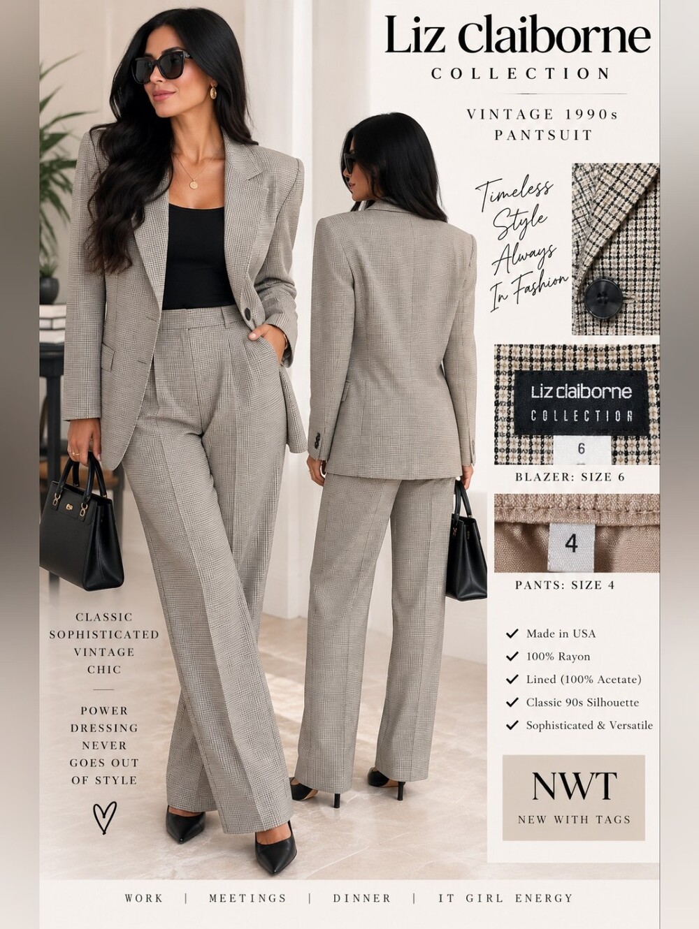 NWT Vintage 90s Liz Claiborne Collection Plaid Pantsuit Blazer 6 Pants 4 USA